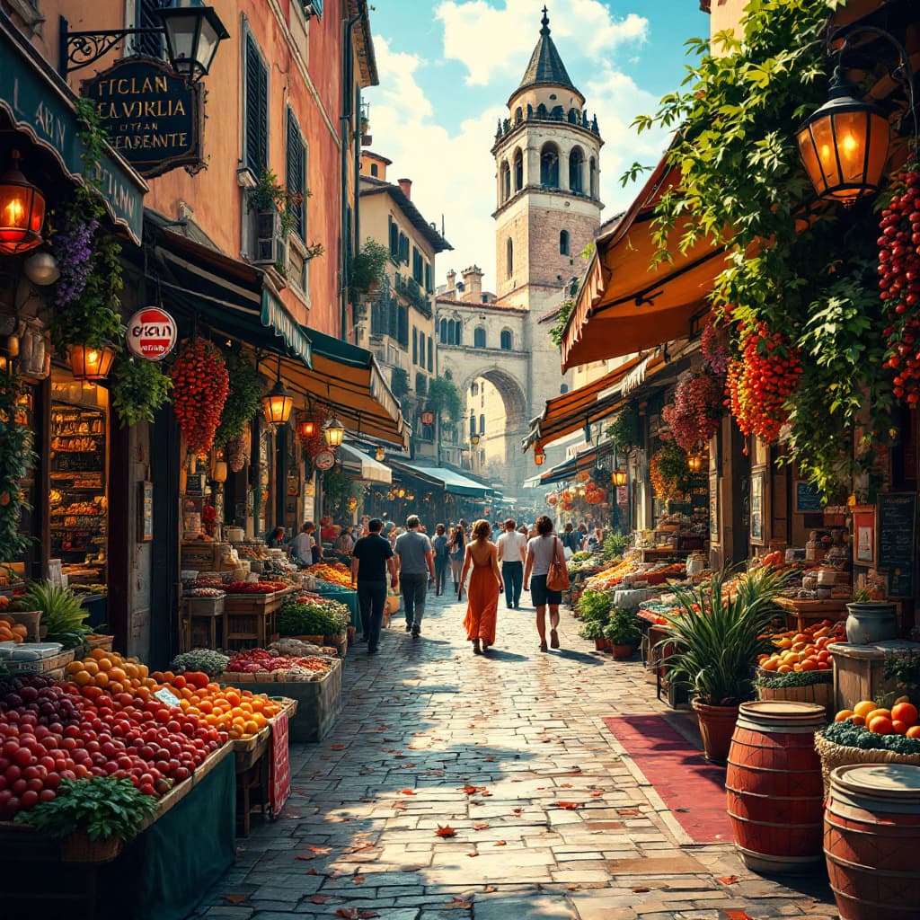 AI generated: Bustling Italian market with vibrant stalls, rich colors, 4k resolution, detailed patterns, traditio...
