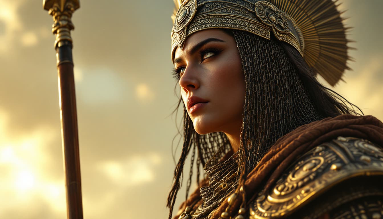 AI generated: Ultra-realistic.	Low-angle shot of Parushat staring at the horizon with her spear in hand, her resol...