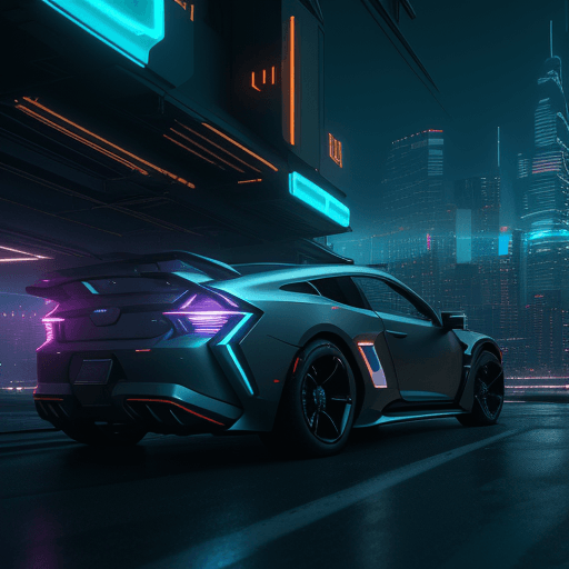 AI generated: /imagine prompt: outdoor unreal engine 4 modern car unique building variations eye level neon lights...