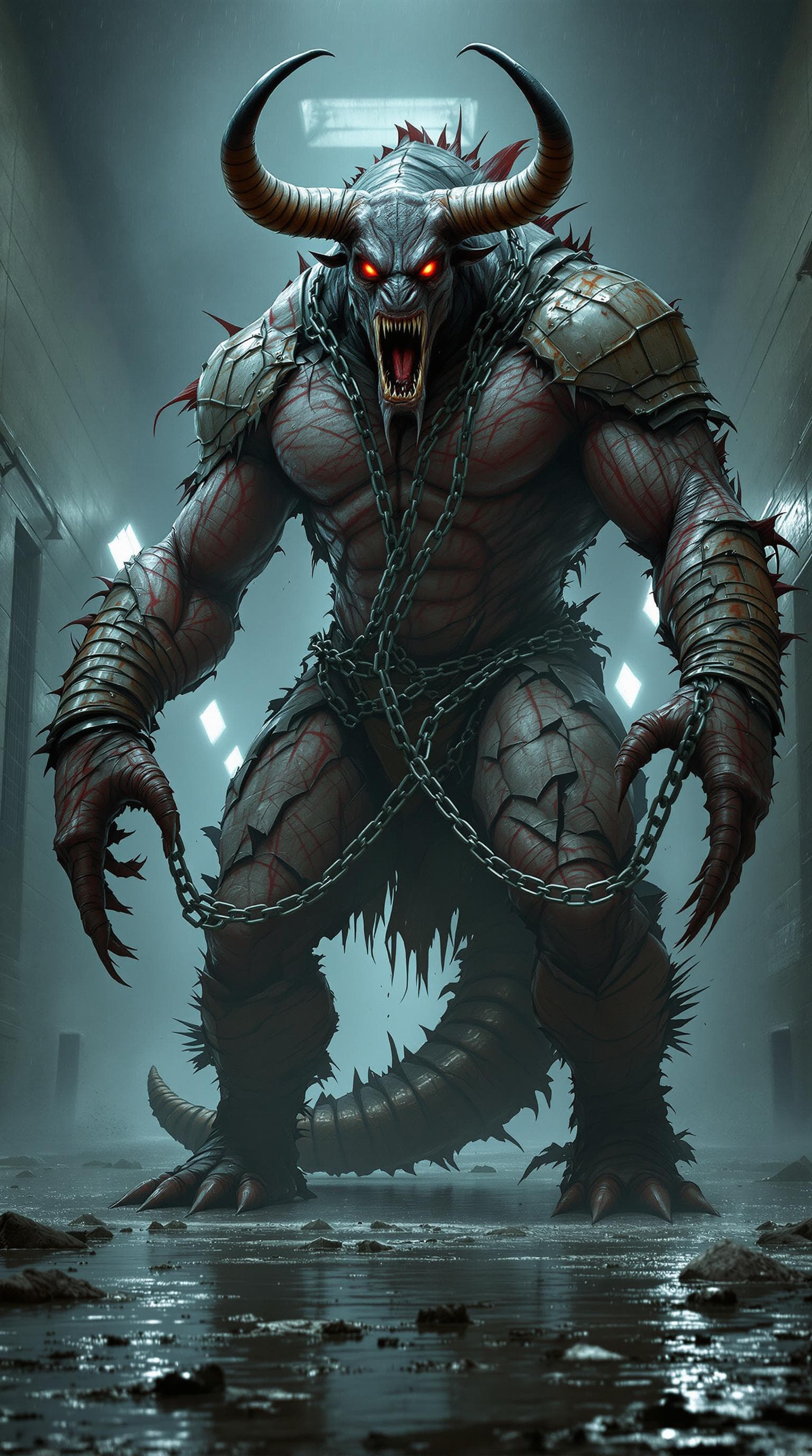 AI generated: A colossal humanoid minotaur-scorpion hybrid, with the muscular body of a bodybuilder, a bull’s head...