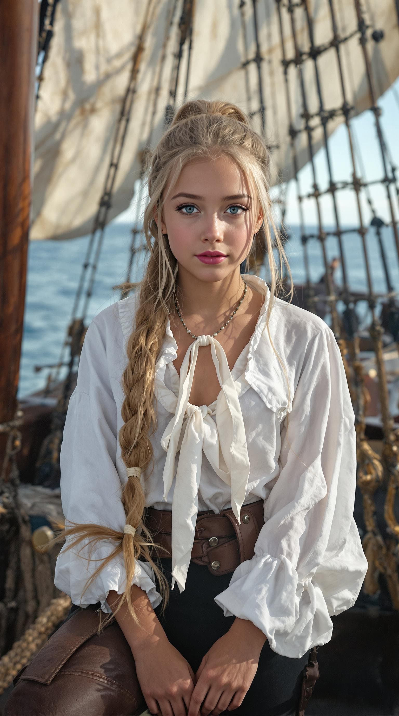 AI generated: a professional photo of a exceptionally beautiful girl aboard pirate ship at sea (age 11), (eleven y...