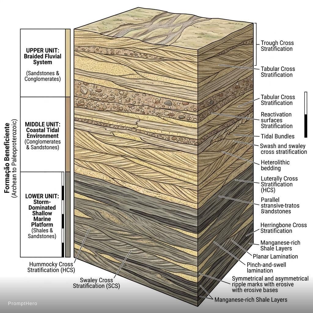 AI generated: highly detailed geological block diagram, 3D cutaway view of a stratigraphic succession, Formação Be...