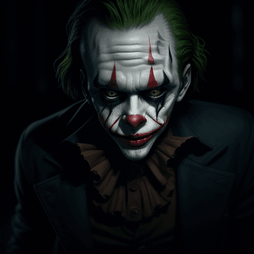 AI generated: A traumatic Joker from IT chapter 2, seems too horrible, horror style, dark background, cinematic vi...