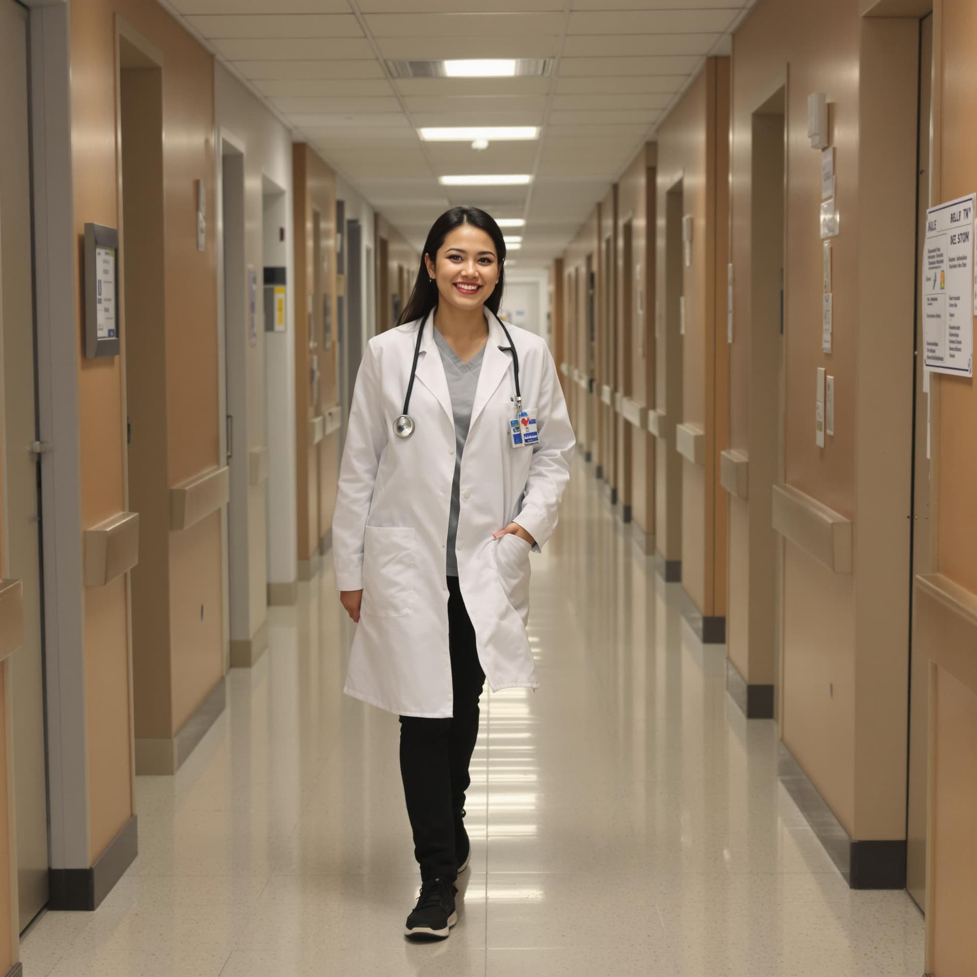 AI generated: a filipino woman wearing a medical white lab coat, she's walking down a hall at a hospital while loo...