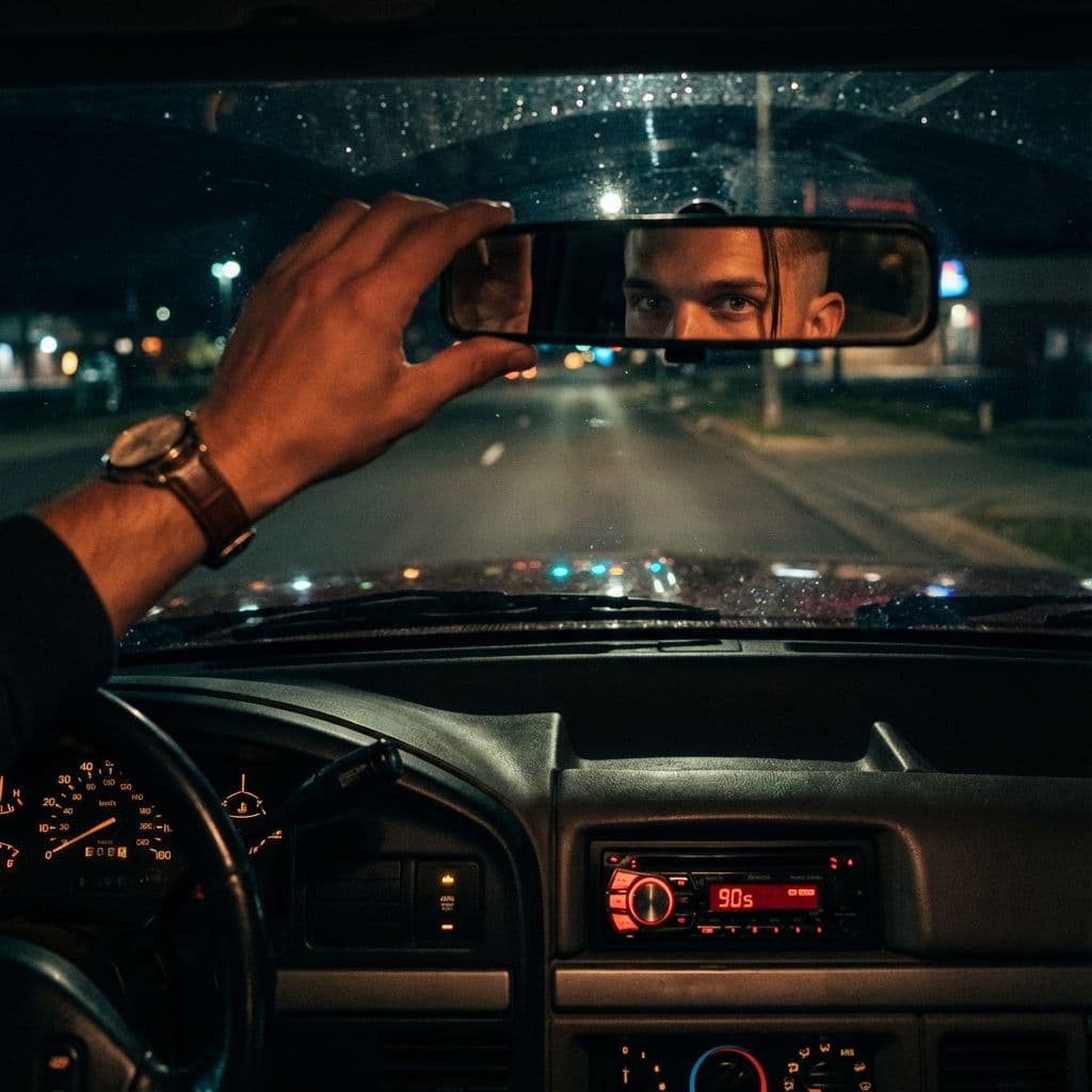 AI generated: he is driving at night, close up cinematic shot of him viewing through the rear view mirror.   the p...