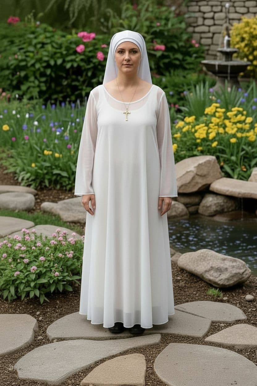 AI generated: The same person, the same photo, but the nun is standing upright, facing forward.