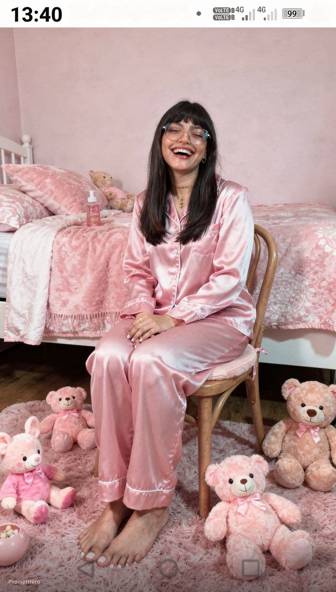 AI generated:  young woman,lingeriemodel,sitting on a chair laughthing,blink,pink,toys and stuffed animals,younges...