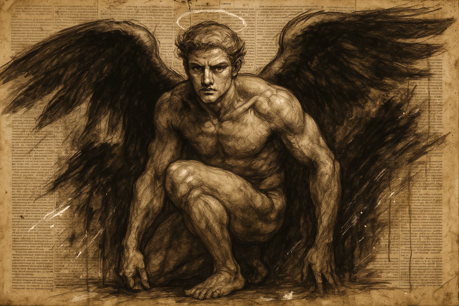 AI generated: Charcoal and ink drawing of a crouching male angel with large dark wings, painted over aged newspape...
