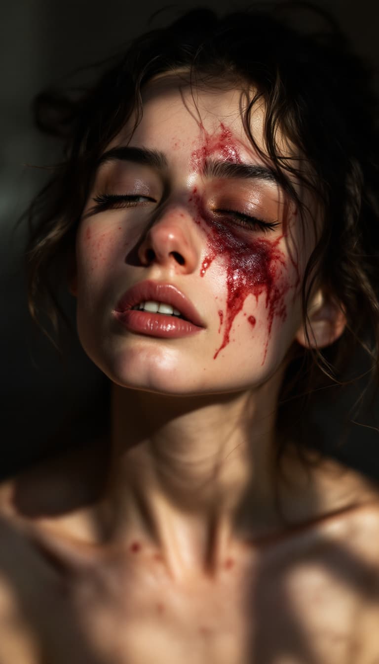 AI generated: high-resolution photograph, woman, ugly scar in the face, exposed body,  stunning use of shadows, in...