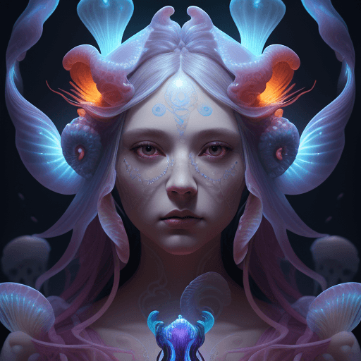 AI generated: Goddess close-up portrait ribcagel. jellyfish phoenix head, nautilus, orchid, skull, betta fish, bio...