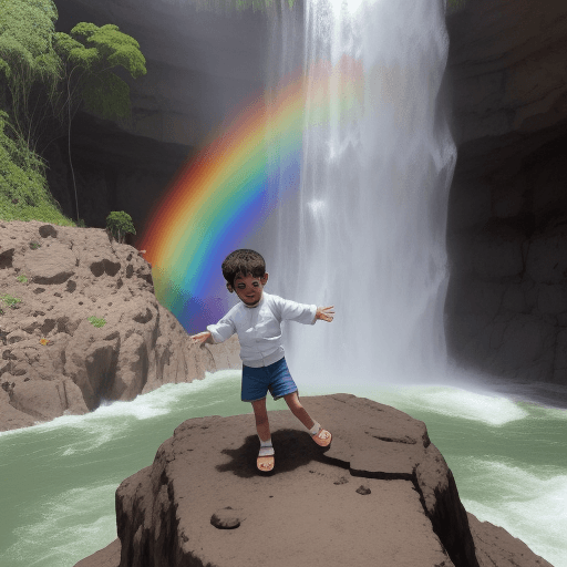 AI generated: un niño a punto de caer en una catarata muy alta es salvado por Jesus el hijo de Dios que baja desde...