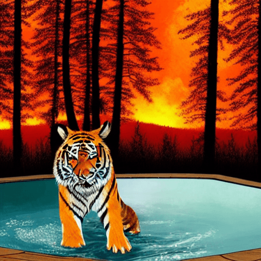 AI generated: Tiger yawning in a waterpool with some forest fire in the background and deers running helter skelte...