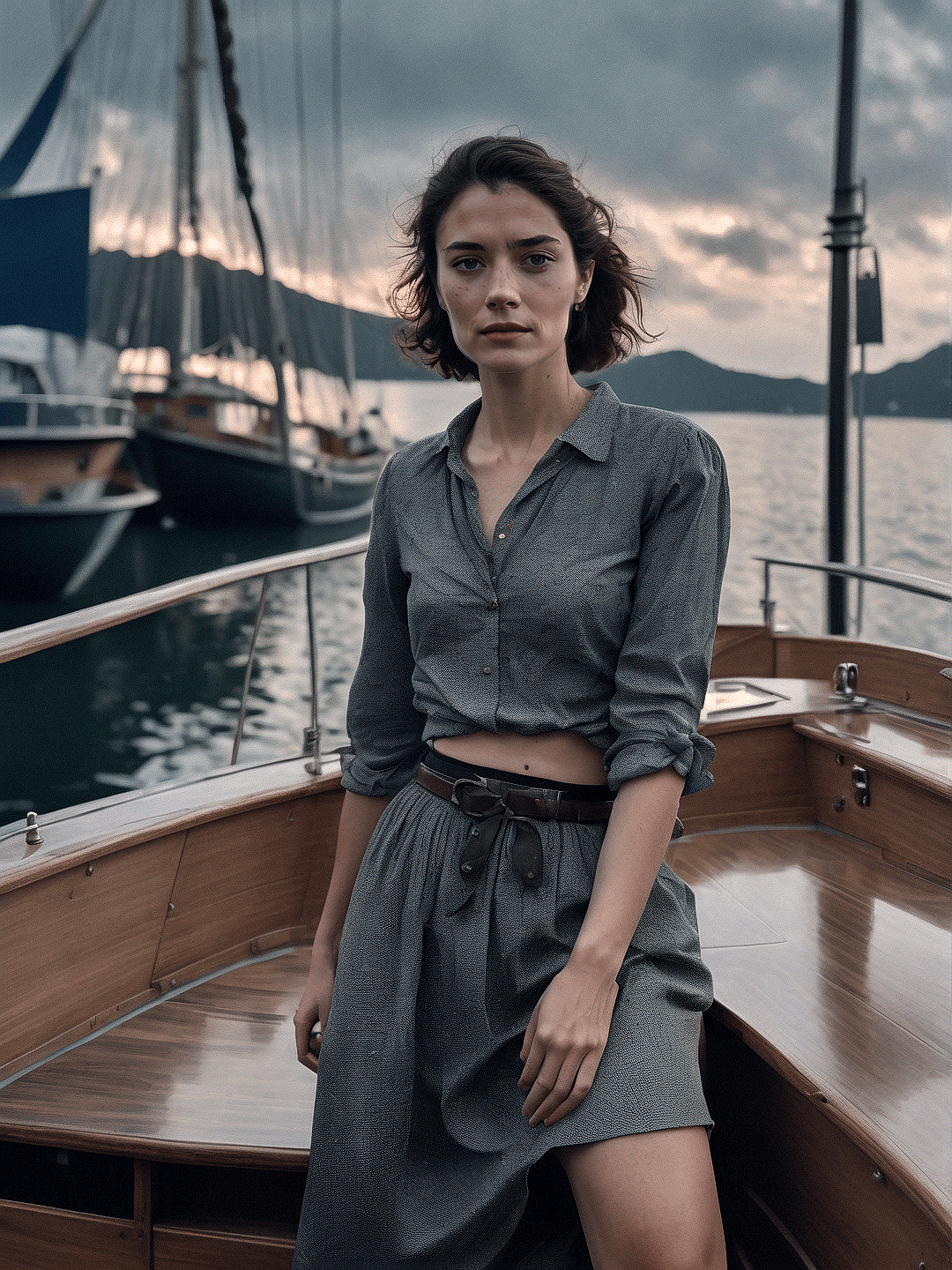 AI generated: The image features a woman standing on a boat, wearing a gray dress. She is positioned near the fron...