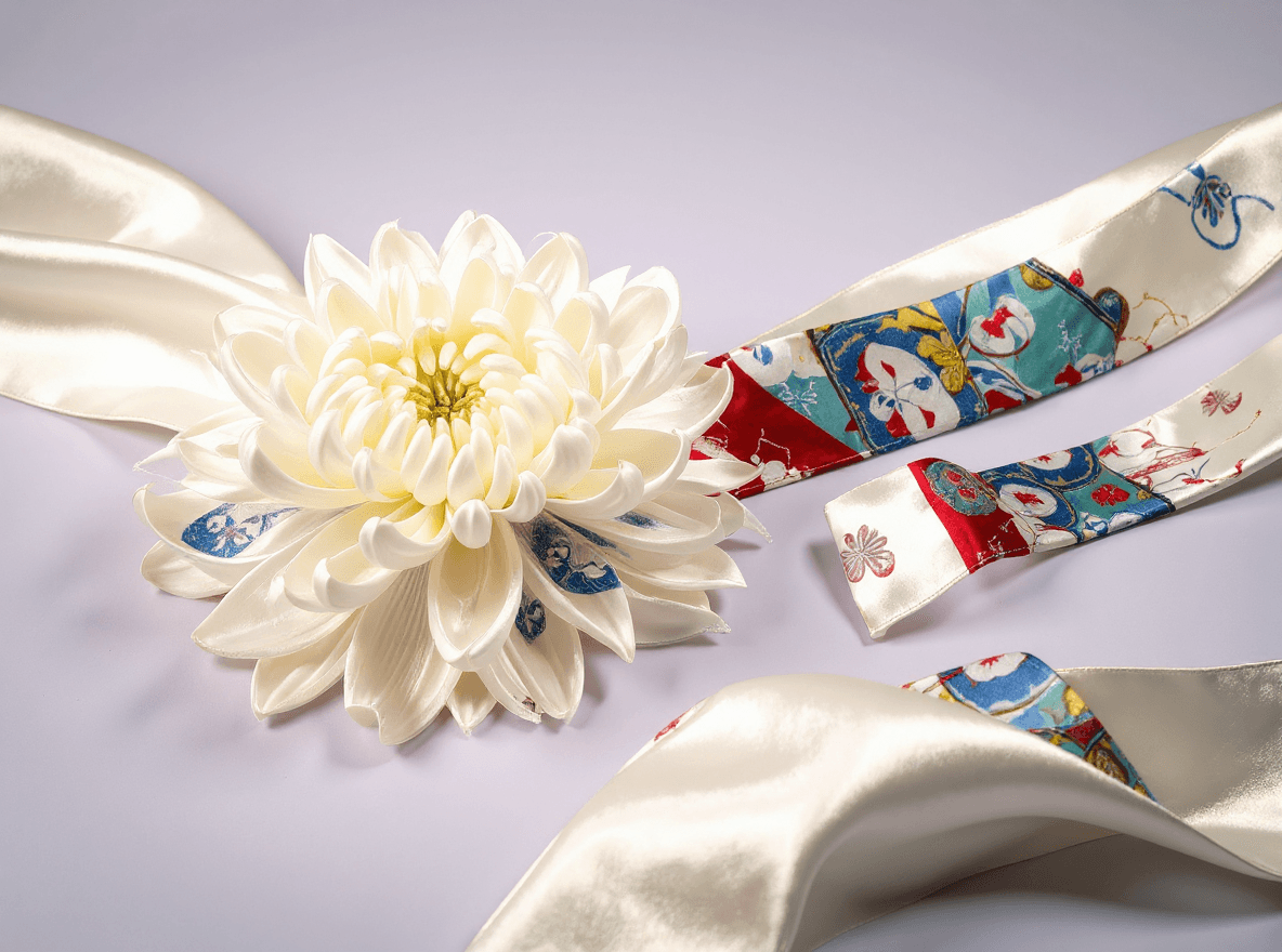 AI generated:  a work of art in glossy satin silk fabric, hyper realistic curly long ribbons, a white chrysanthemu...