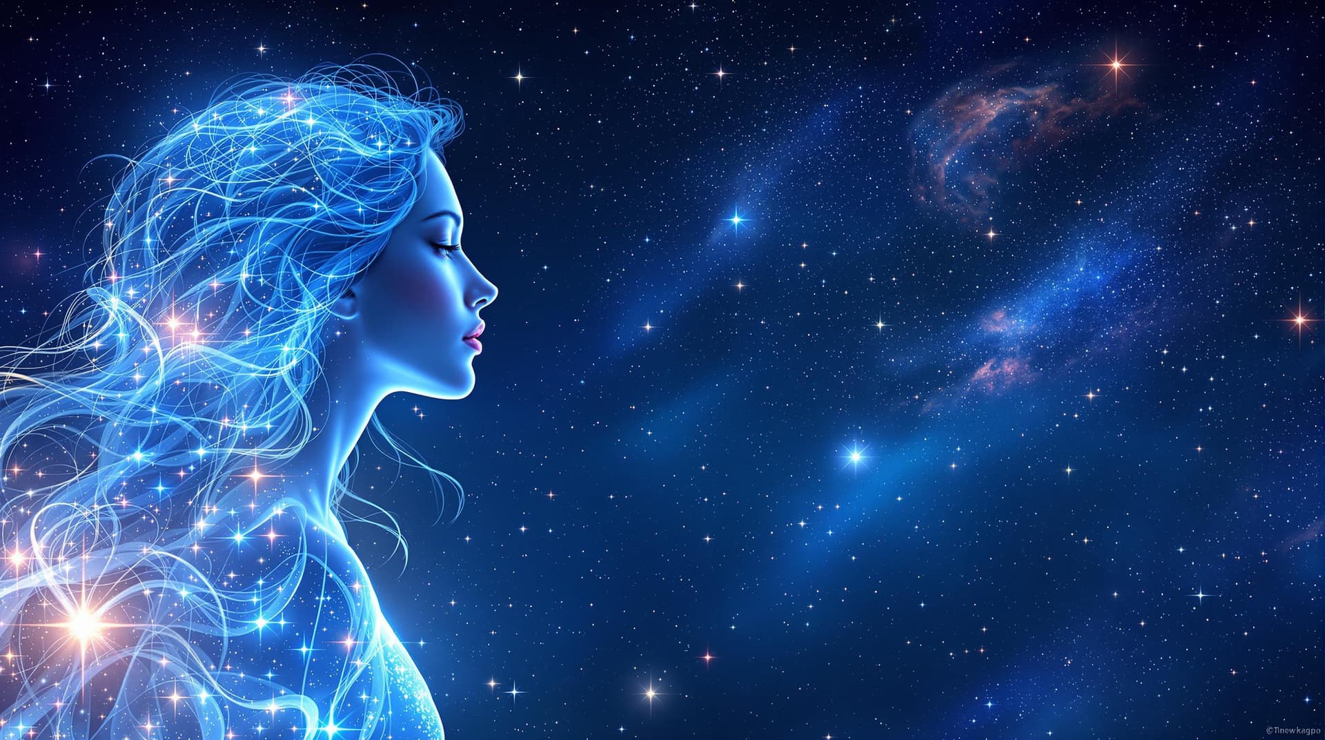 AI generated:  This digital artwork features a celestial theme with  ethereal female figures emerging from a starr...