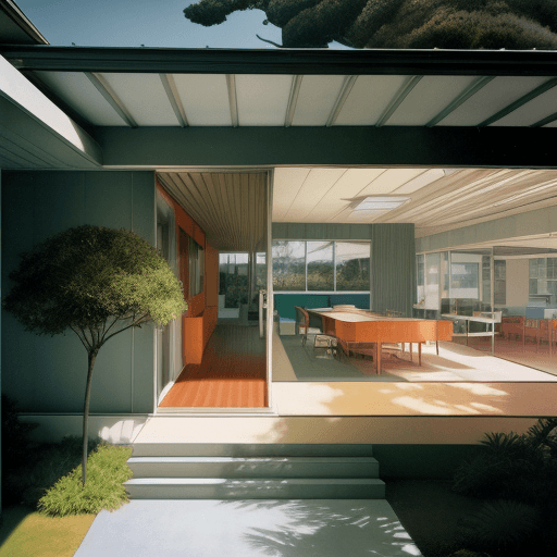 AI generated: Hyper realistic eye level exterior photo of a mid century modern style house overlooking the ocean, ...