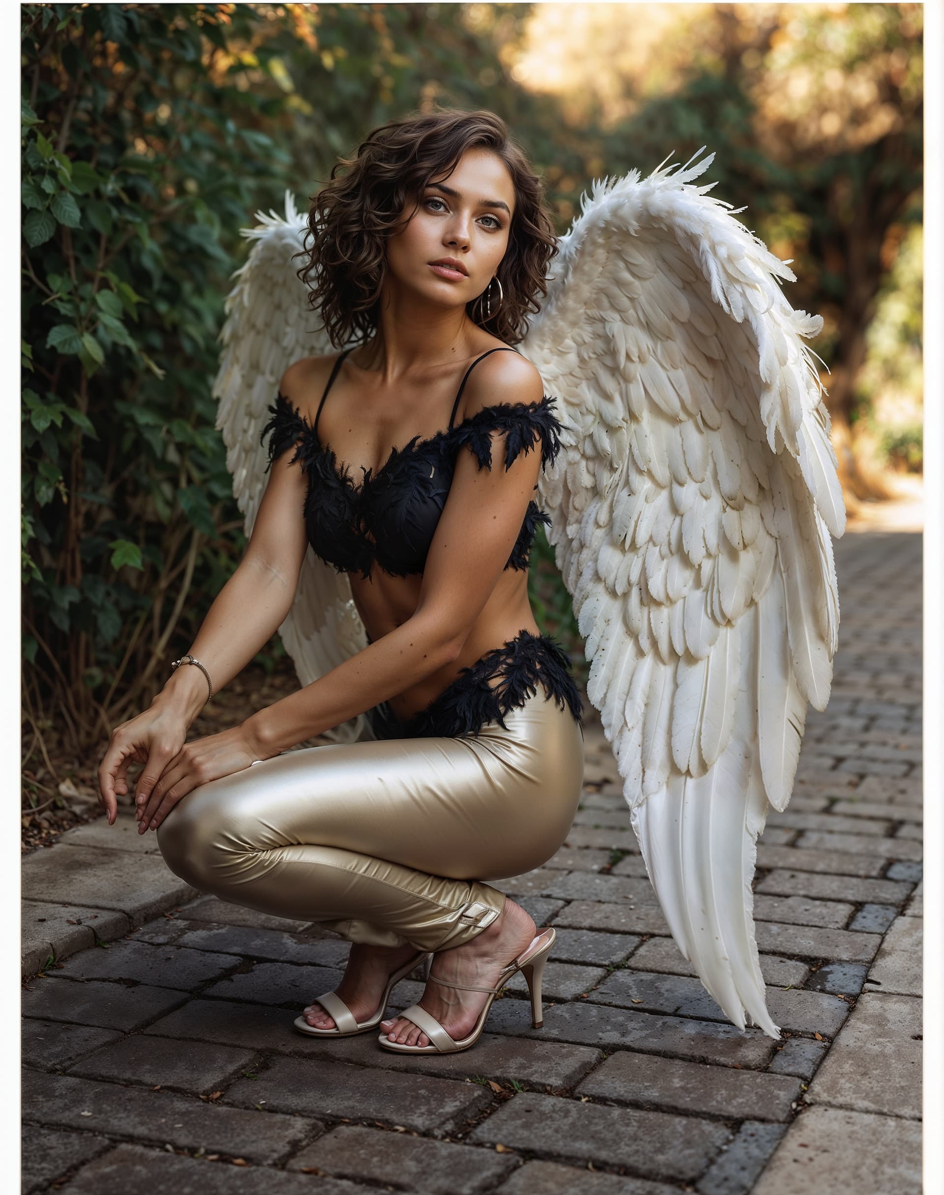AI generated: Gorgeous Beautiful Woman with outstretched pure white feathery wings, feather texture, Beautiful fac...
