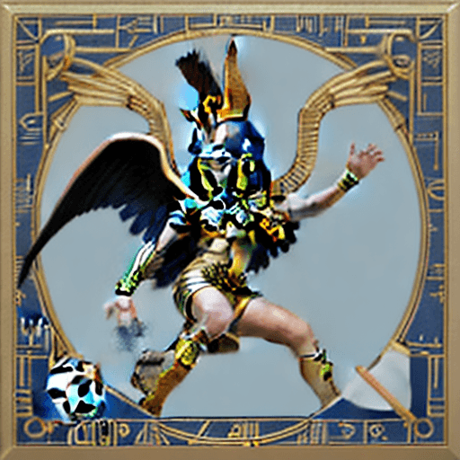 AI generated: egyptian god horus plays soccer and marks a goal