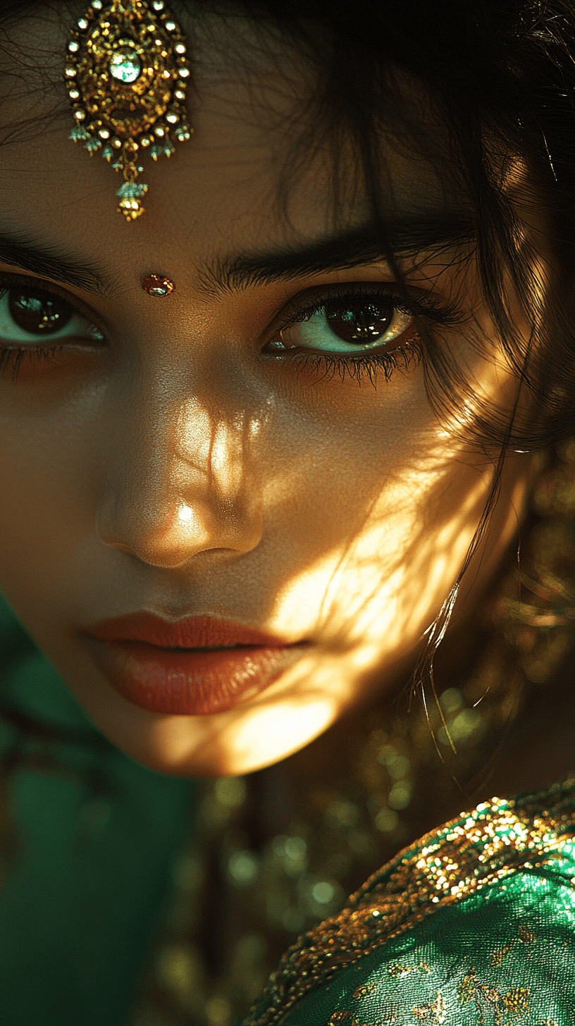 AI generated: A stunningly beautiful indian woman dutch angle,  golden sun rays tones, she is adorned with jewelry...