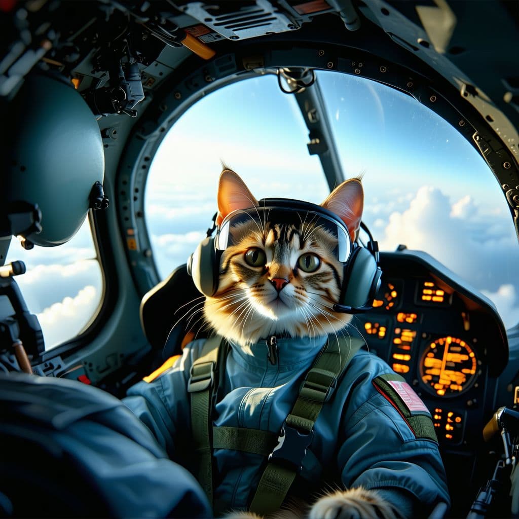 AI generated: A short-haired cat wearing a flight helmet and goggles is sitting in the cabin of a combat aircraft ...
