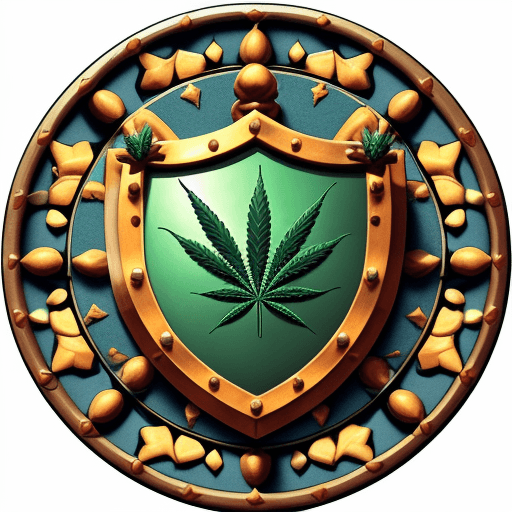 AI generated: create a medieval shield with marijuana details where you can see the word SATHO (be careful and do ...