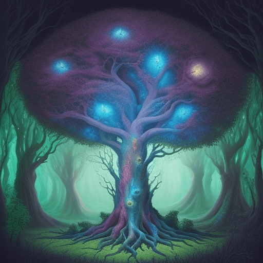 AI generated: pintura psicodélica em um universo de fantasia, com cogumelos mágicos, arvores da vida, rios colorid...