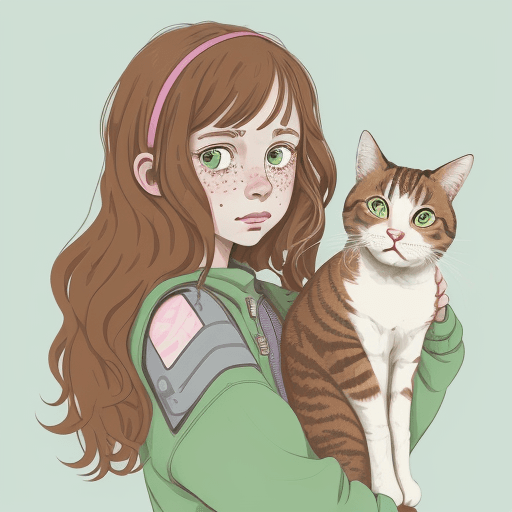 AI generated: An illustration of a quirky girl with brown wavy hair, in the style of Flat shading, Gemma Correll, ...