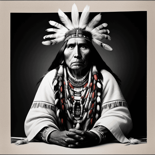 AI generated: a vintage black and white photo of a Native American chief wearing traditional clothing and and feat...