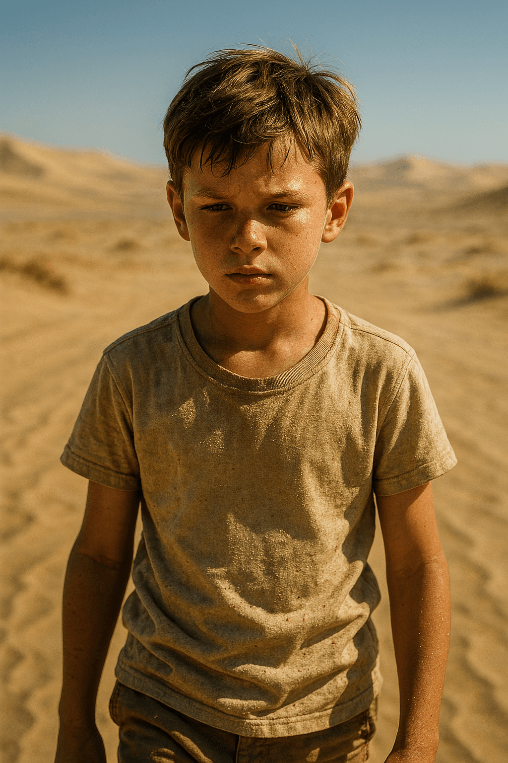 AI generated: "Ultra-photorealistic cinematic portrait of a young boy walking alone in a dry desert at midday. Gol...