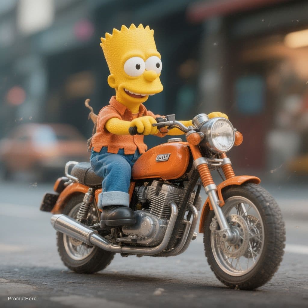 AI generated: bart simpson 3d remera negra 3d en motocicleta naranja 3d

