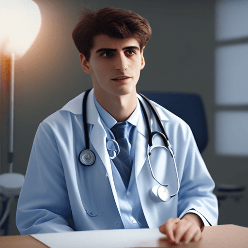 AI generated: a photograph of a doctor about 20 years old looking at the camera he is talking to the camera he is ...