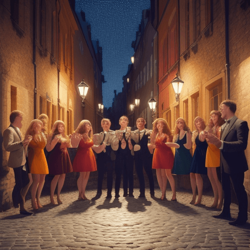 AI generated: a group of singers (men and women) joyfully singing in the middle of a cobblestone road at night in ...