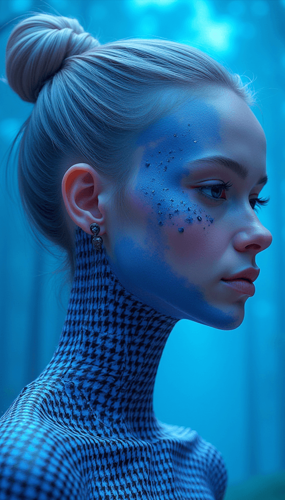 AI generated: A side profile of a woman with a high bun, wearing a houndstooth-patterned high-collared garment. He...