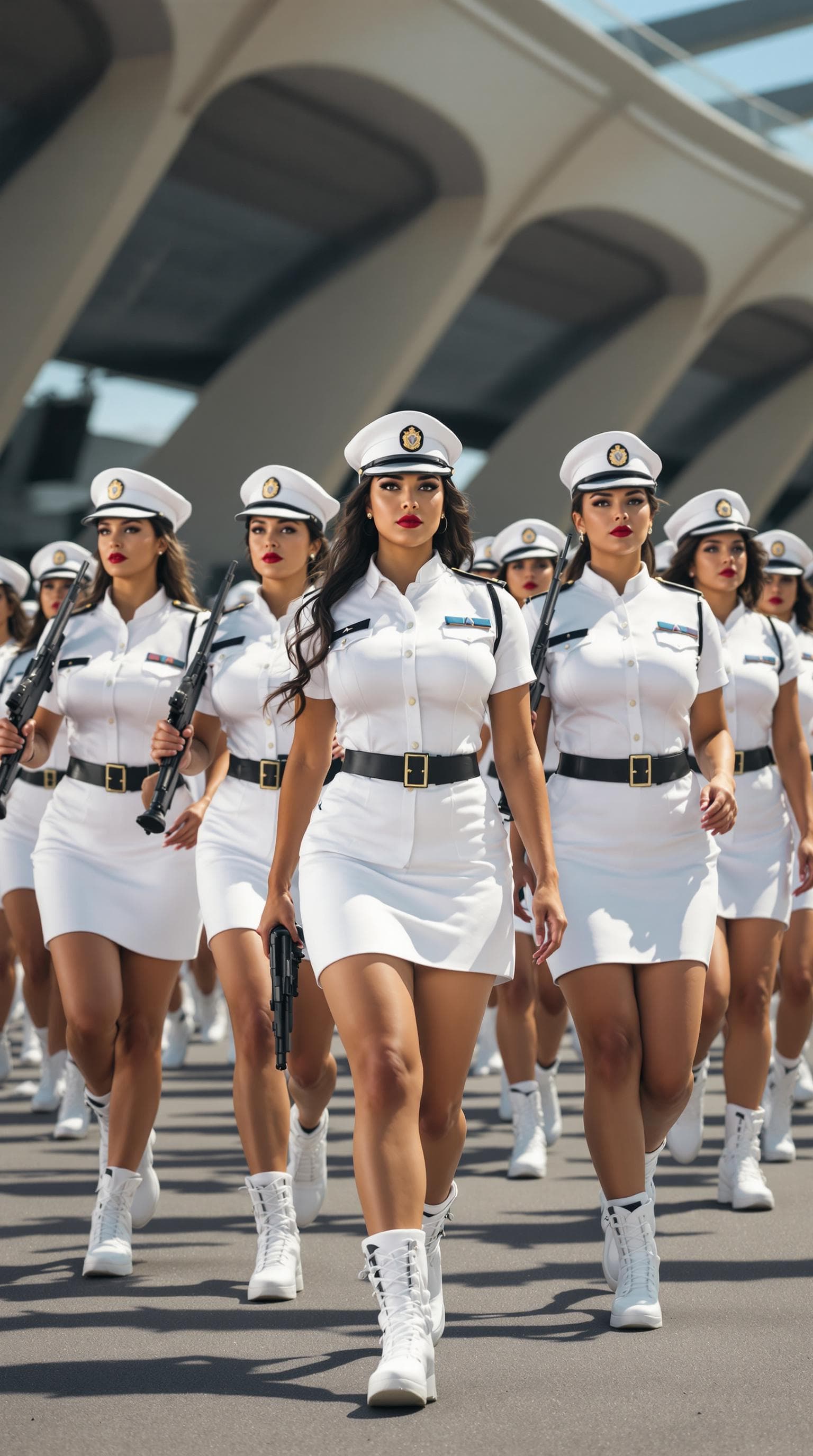 AI generated: A group of curvy  confident curvy female soldiers marching in formation, wearing white military unif...