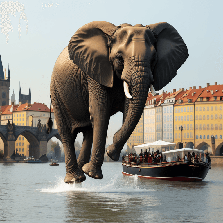 AI generated: Elephant leaving boat to land at Charles Bridge