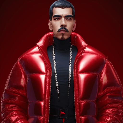AI generated: well lit fashion shoot portrait of nicolas maduro moros, wearing a metallic red inflatable oversized...
