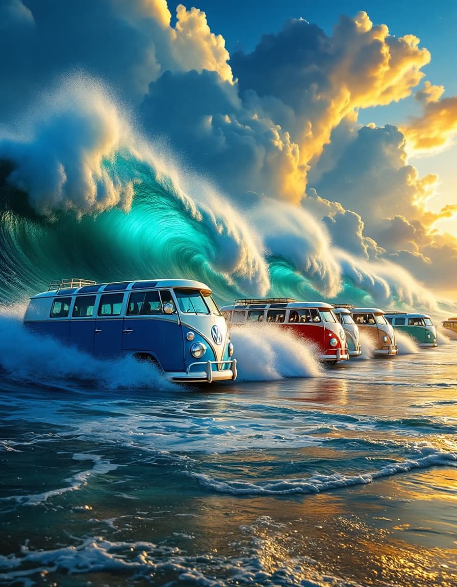 AI generated:  A high contrast art photo of 4 Classic Vw buses of blue and white, red and white, teal green and wi...