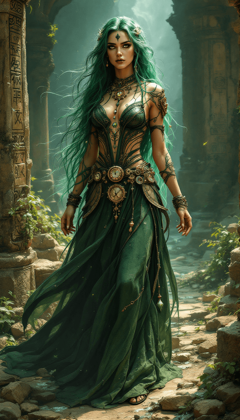 AI generated: The Time-Warping Geomancer: A mysterious and powerful sorceress with long, flowing, emerald green ha...