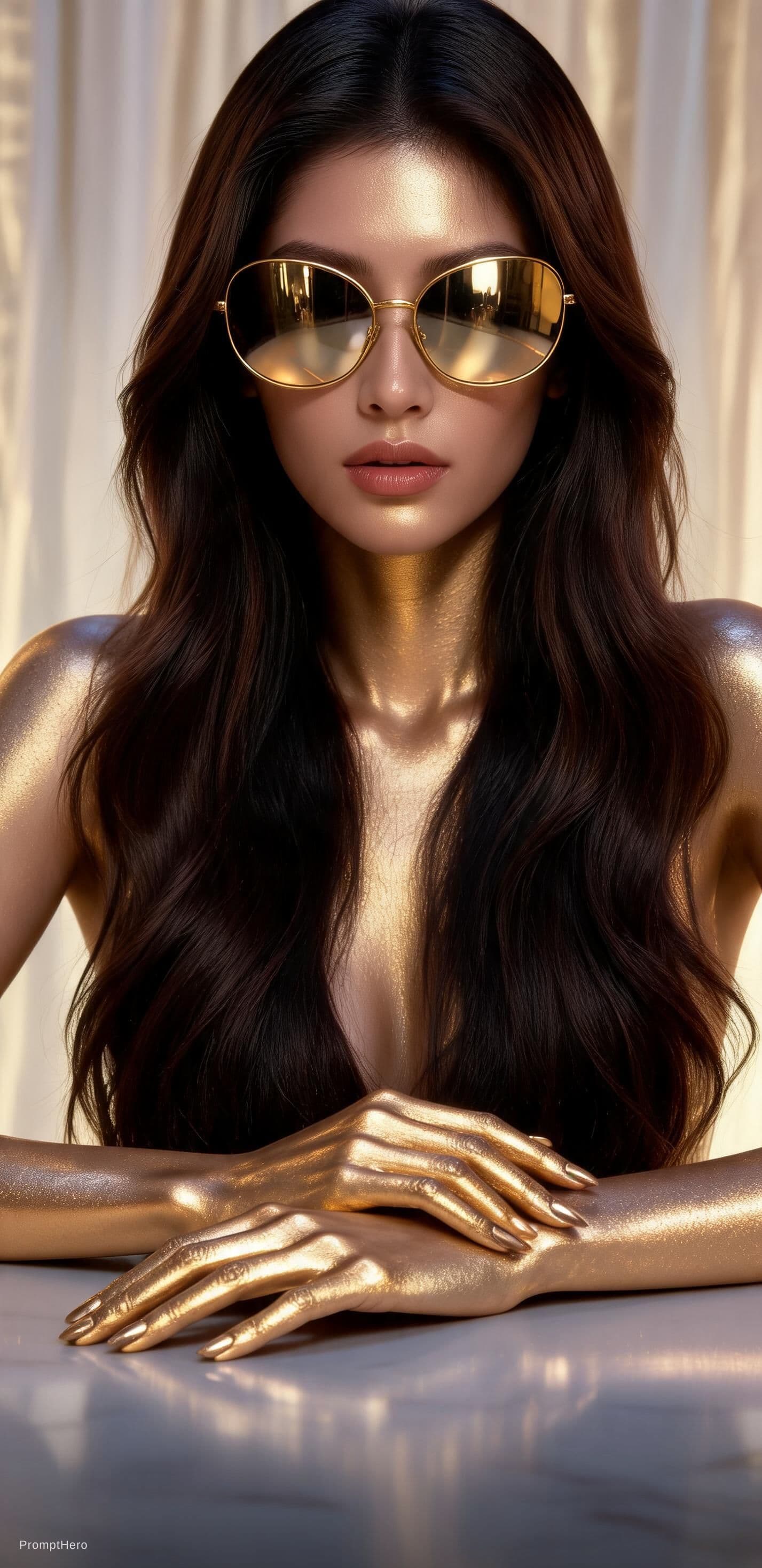 AI generated: A cinematic fashion-art portrait of a futuristic man sitting at a table.She has long,beautiful dark ...