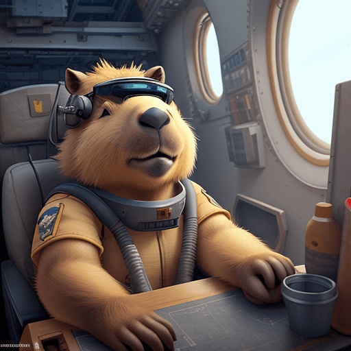 AI generated: A cute fluffy capybara pilot working on a plane in his workshop, unreal engine rendering