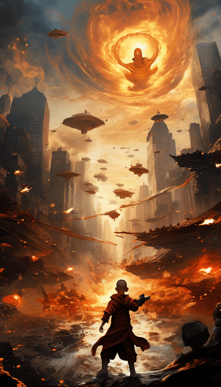 AI generated: Fantasy art depicting Avatar Aang battling alien invaders in New York City,  the city is on fire, hi...