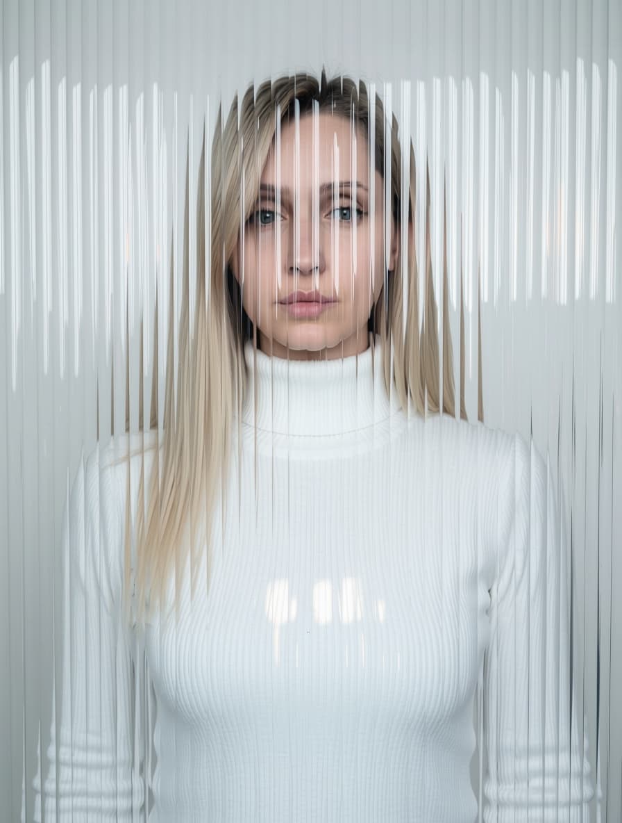 AI generated: high resolution photography, front central profile, woman facing front, gaze to front, wearing a whi...