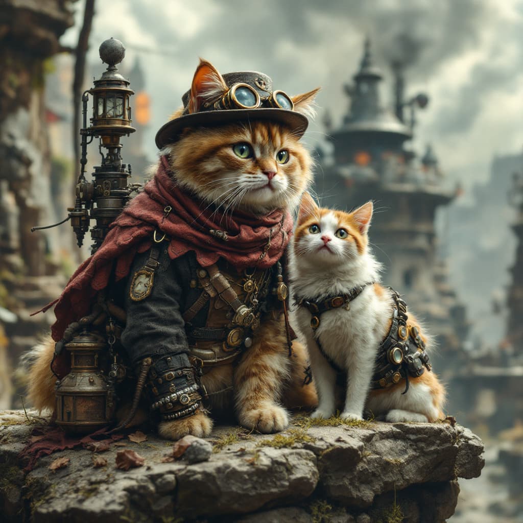 AI generated: The post apocalyptic nation of cats and little dogs, steampunk style,