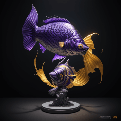 AI generated: Fish devil on the table with the design and character of Thanos The fish is gold and Purple dark, no...
