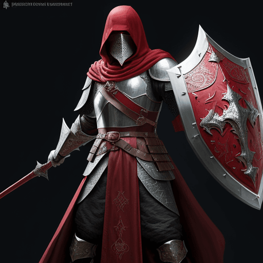 AI generated:  man cleric from the Middle Ages, with face covered by shade of dark-red hood, in scaled armour and ...