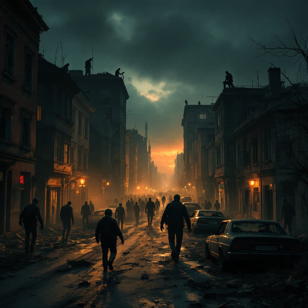 AI generated: "A cinematic close-up of a zombie apocalypse in Radomsko, focusing on a street filled with abandoned...