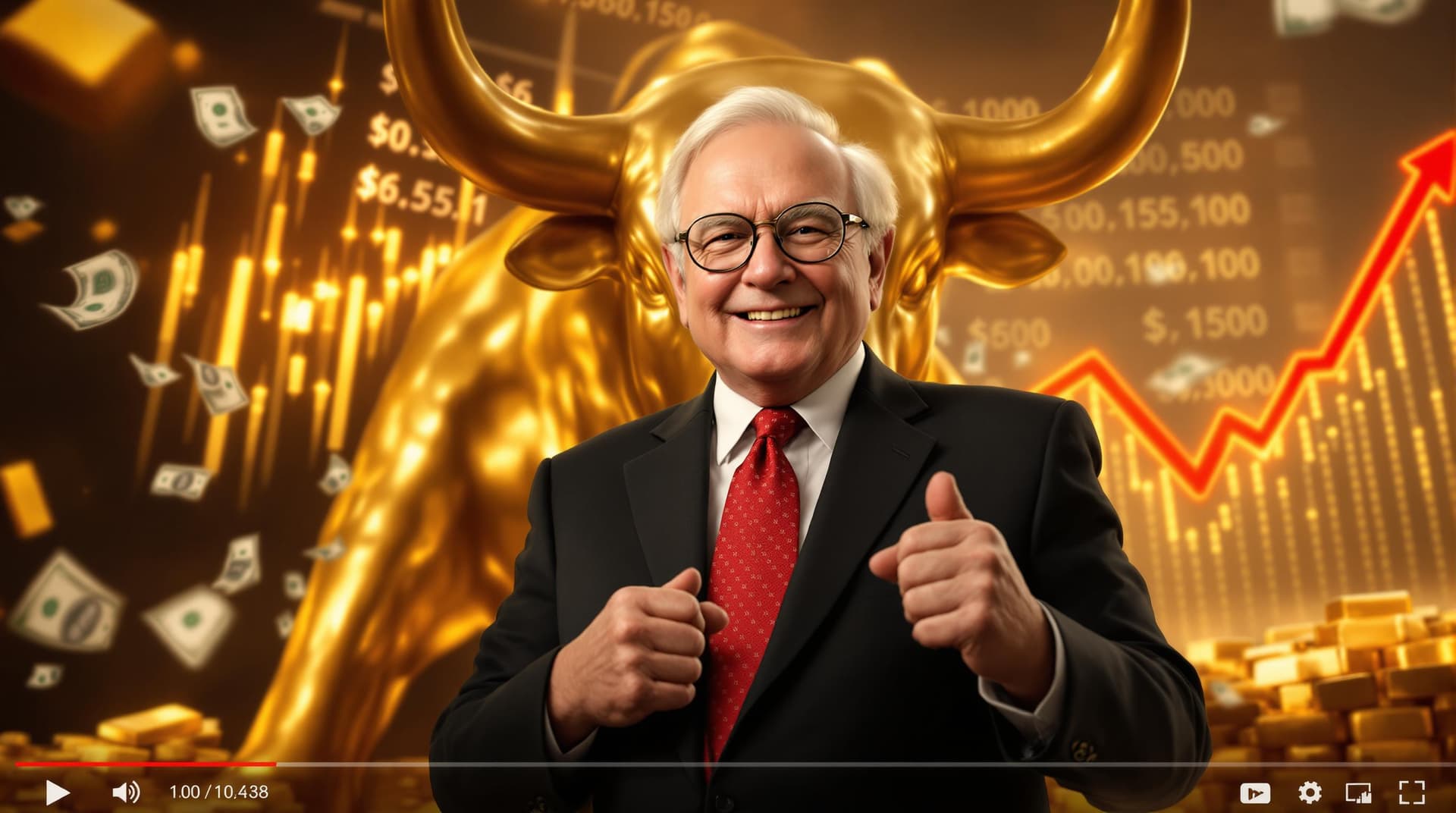 AI generated: A powerful cinematic-style YouTube thumbnail showing Warren Buffett smiling confidently, standing in...