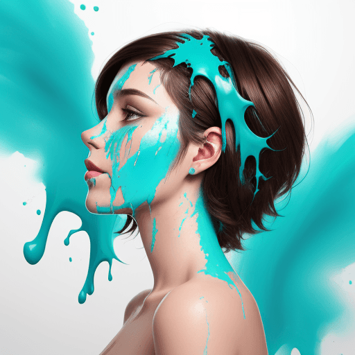 AI generated: Brunette with turquoise paint pouring from above on face, side view, white colours