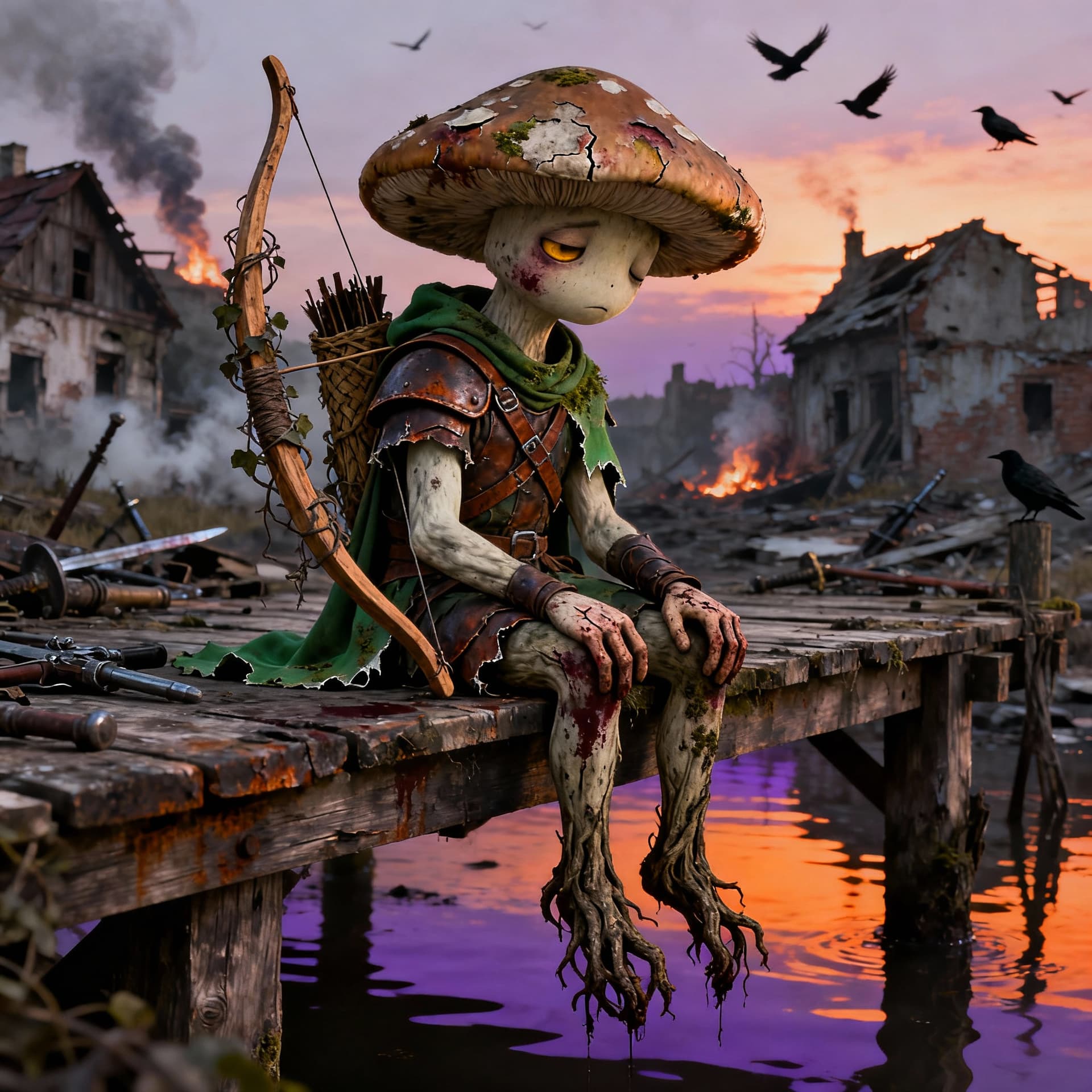 AI generated: "Un cansado arquero hongo sentado solo en un muelle de madera desgastado al atardecer, con las piern...