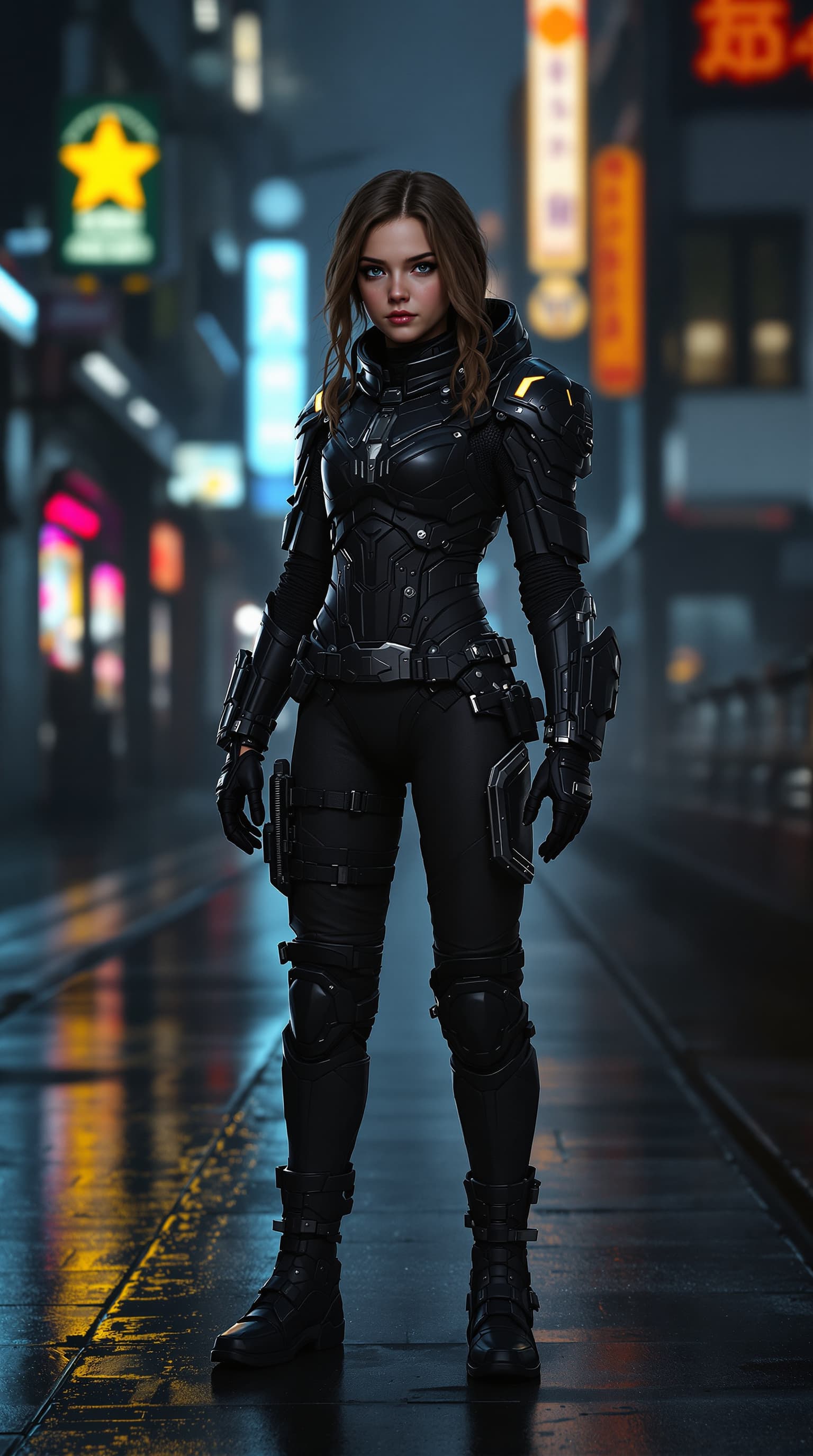 AI generated: hyper-realistic depiction of a twelve year old Kathryn Newton dressed in a lightly armored leather f...